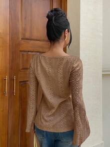 Siren Gaze Blus Lengan Panjang Bordir Terbaru untuk Wanita, Cocok untuk Semua Musim - Khaki - View 3