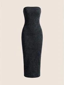 SHEIN BASICS 女款純色休閒日常無肩帶中長洋裝 - 黑色 - 查看 8