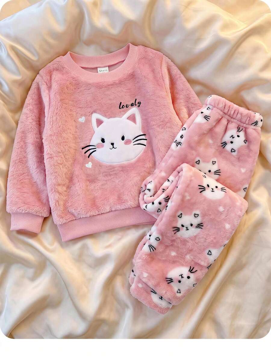 SHEIN 女嬰可愛休閒秋冬款粉色卡通圖案毛茸茸長袖居家服套裝 2件組 - 粉色 - 查看 1