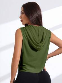 Eassivo Eassivo 字母刺繡無袖連帽運動衛衣 - 軍綠色 - 查看 3
