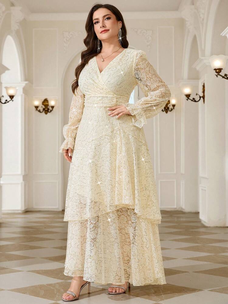 SHEIN Clasi Gaun Panjang Wanita Ukuran Plus Terbaru dengan Motif Cetak, Rumbai, Hem Bergelombang, Karet Pinggang Tinggi, Gaun Musim Gugur, Gaun Berlipit, Gaun Bunga - Kuning - View 3
