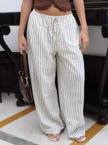 juhmazzocco Loose Blue And White Stripe Wide-Leg Pants With Front Tie, Casual Wear Vacation Autumn - Beige - View 4