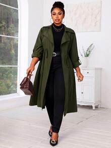 SHEIN Lady Jaket Trench Coat Wanita Warna Polos Berlipit, Modis, Serbaguna, untuk Aktivitas Sehari-hari, Kasual, dan Kasual. - Dark Green - View 6