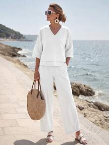 Faunlyn Women's Solid Color V-Neck Top And Long Pants Casual Minimalist Tropical Daily Vacation 2 Pieces Set All White Autumn - White - View 6