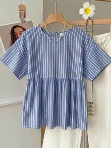 SHEIN EZwear 女款條紋百褶休閒百搭日常穿著襯衫 - 藍色 - 查看 3