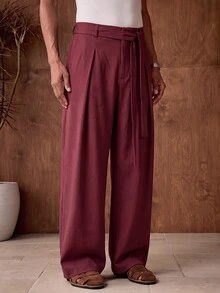 AKNOTIC 男士派對編織時尚休閒寬鬆版型彈性腰帶筒褲，適合夏季、度假、日常穿著、派對、情侶穿搭，男士禮物 - 深紅色 - 查看 5