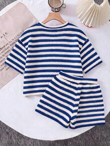 SHEIN Young Girl Striped Short Sleeve T-Shirt And Shorts Casual Set - Blue - View 6