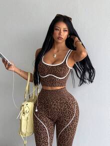 Dewbera Dewbera 2 Potong Set Olahraga, Atasan Tank Top Yoga Fitness Ketat Tanpa Jahitan, Legging Lari Olahraga Blok Warna Pinggang Tinggi - Coklat - View 6