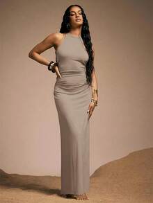 Hauture Women's Sexy High Neck Backless Maxi Dress With Bamboo Ring And Wooden Bead Decor - Grey - View 6