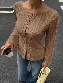 Siren Gaze Blus Lengan Panjang Bordir Terbaru untuk Wanita, Cocok untuk Semua Musim - Khaki - View 5