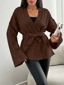 EURMUSE Women Solid Color Dropped Shoulder Long Sleeve Loose Tie-Front Casual Cardigan - Brown - View 3