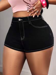 SHEIN Unity Cowgirl Plus Size Women's Black Elastic Embroidered Fitted Sexy Denim Shorts - Black - View 4