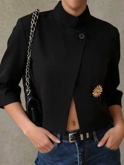 SHEIN Women's Urban Stand Collar Short Blazer, 3/4 Sleeve Stand Collar Jacket, Exquisite Metal Brooch, Suitable For Commuting, Business Meetings, Street Wear, Dates, Vacations, Tea Breaks, Picnics, Art Exhibitions, Outdoor, Parties, Cocktail Parties, Concerts, Beer Festivals, Christmas, Ball Games And Other Occasions, Women's All-Season Old Money Style Outfit, Casual Business Jacket