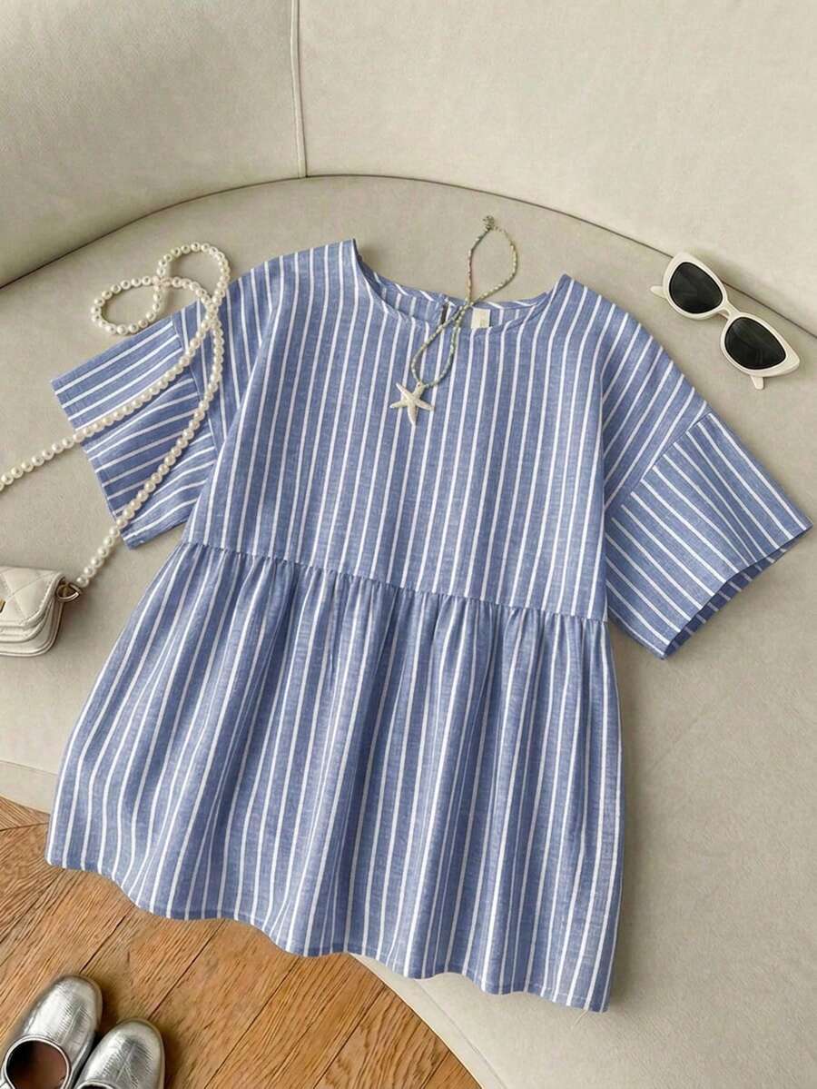 SHEIN EZwear 女款條紋百褶休閒百搭日常穿著襯衫 - 藍色 - 查看 1