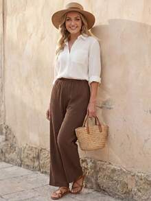 SHEIN PETITE CURVE Plus Size Casual Solid Color Pants For Vacation And Versatile Wear - Brown - View 6