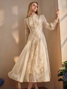 Anewsta Women's Long Sleeve Elegant Lady Embroidered Fabric Mid-Length Mesh Dress - Beige - View 6