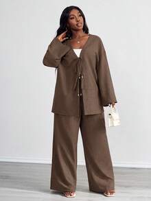 SHEIN PETITE CURVE 大尺碼女款純色長袖開襟衫與長褲休閒日常兩件套 度假辦公巧克力棕色 夏秋款 - 咖啡棕 - 查看 5