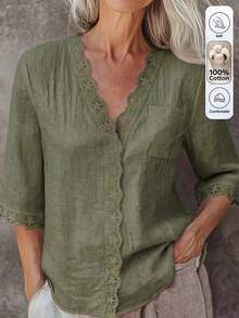 Zayélia Women's Woven Casual V-Neck Beachwear Daily Summer Shirt - Army Green - View 6