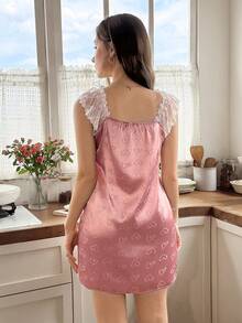 LuxeNights Women's Satin Full Print Heart Patchwork Lace Nightgown - Dusty Pink - View 2