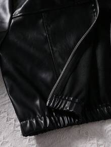 SHEIN Jaket Kulit PU untuk Remaja Perempuan, Jaket Motor Pendek Hitam, Modis untuk Kembali ke Sekolah di Musim Gugur - Hitam - View 6