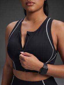Powerista Women's Plus Size Seamless Front Zip Black Sports Bra With White Line Fashionable Seamless High Support Gym Casual Bra For  Running Cycling - Black - View 4