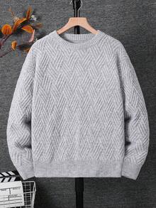 SHEIN Teen Boy Teen Boys Casual Gray Comfortable Textured Solid-Color Crew Neck Sweater Is A Versatile Piece, Perfect For The Fall/Winter Back-To-School Season. - Grey - View 2