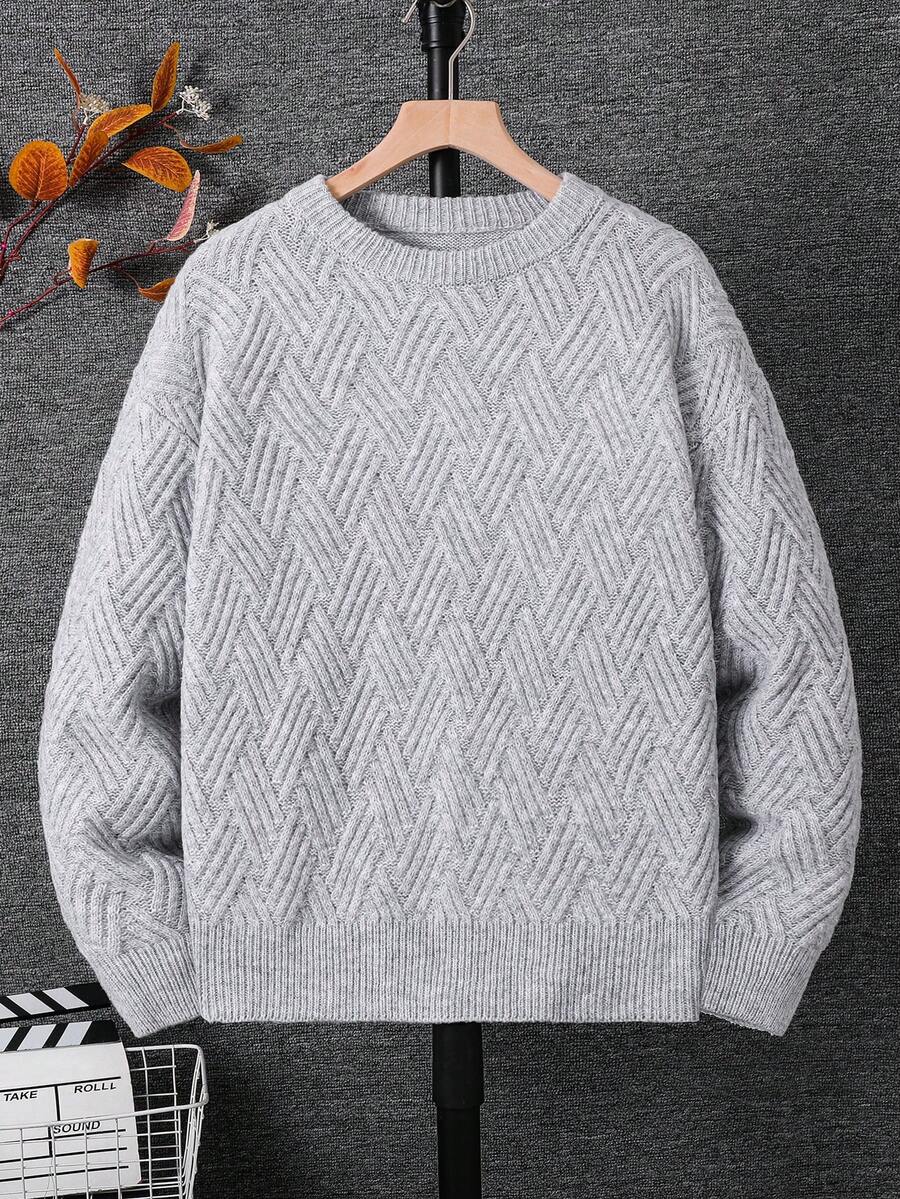 SHEIN Teen Boy Teen Boys Casual Gray Comfortable Textured Solid-Color Crew Neck Sweater Is A Versatile Piece, Perfect For The Fall/Winter Back-To-School Season.