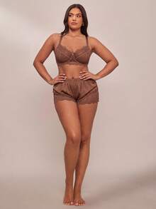 SHEIN BAE CURVE 圣诞蕾丝拼接加大码钢圈文胸 - 咖啡棕 - 查看 3