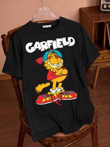 GARFIELD | SHEIN Men Cartoon & Letter Print Round Neck Short Sleeve T-Shirt, Summer - Black - View 1