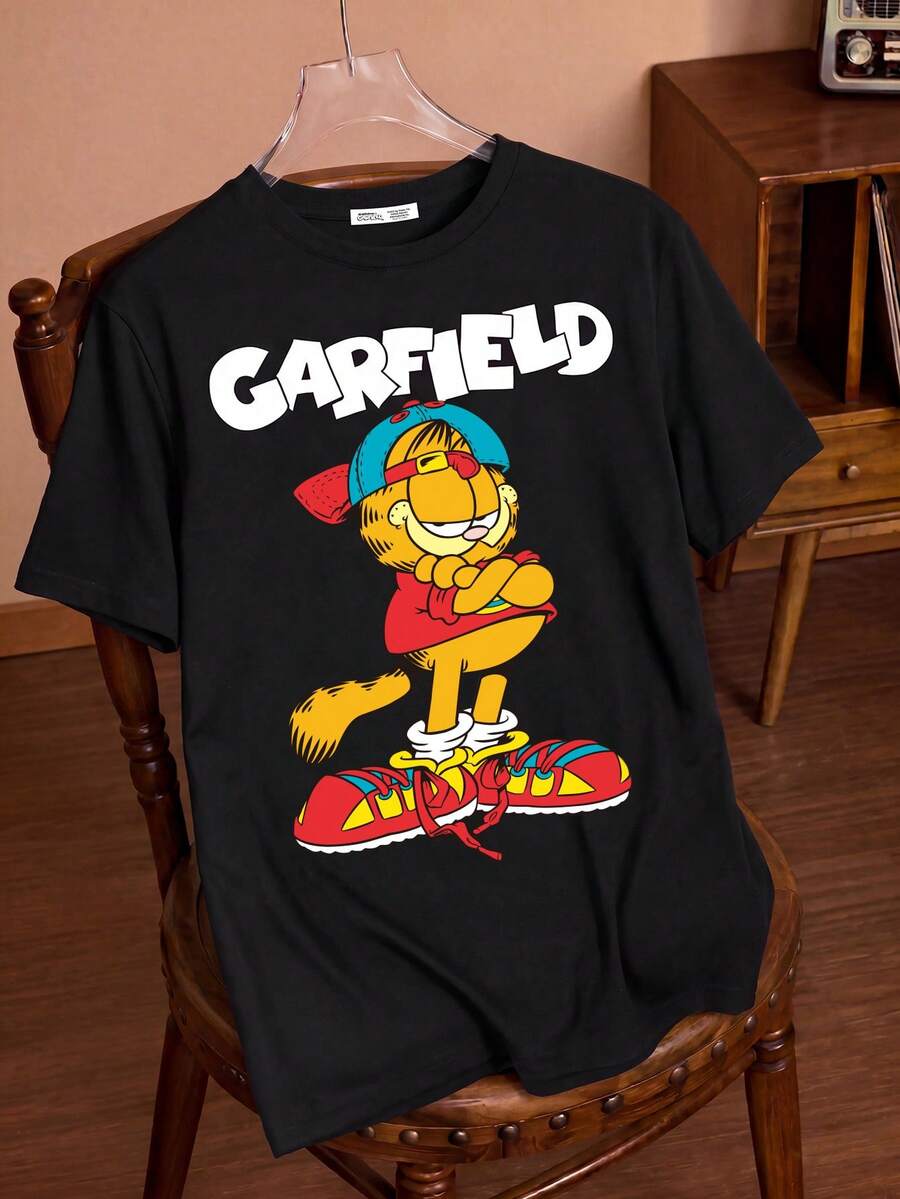 GARFIELD | SHEIN Men Cartoon & Letter Print Round Neck Short Sleeve T-Shirt, Summer - Black - View 1
