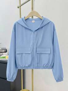 SHEIN 青少年女孩編織素色貼袋短版寬鬆休閒連帽外套 - 藍色 - 查看 10