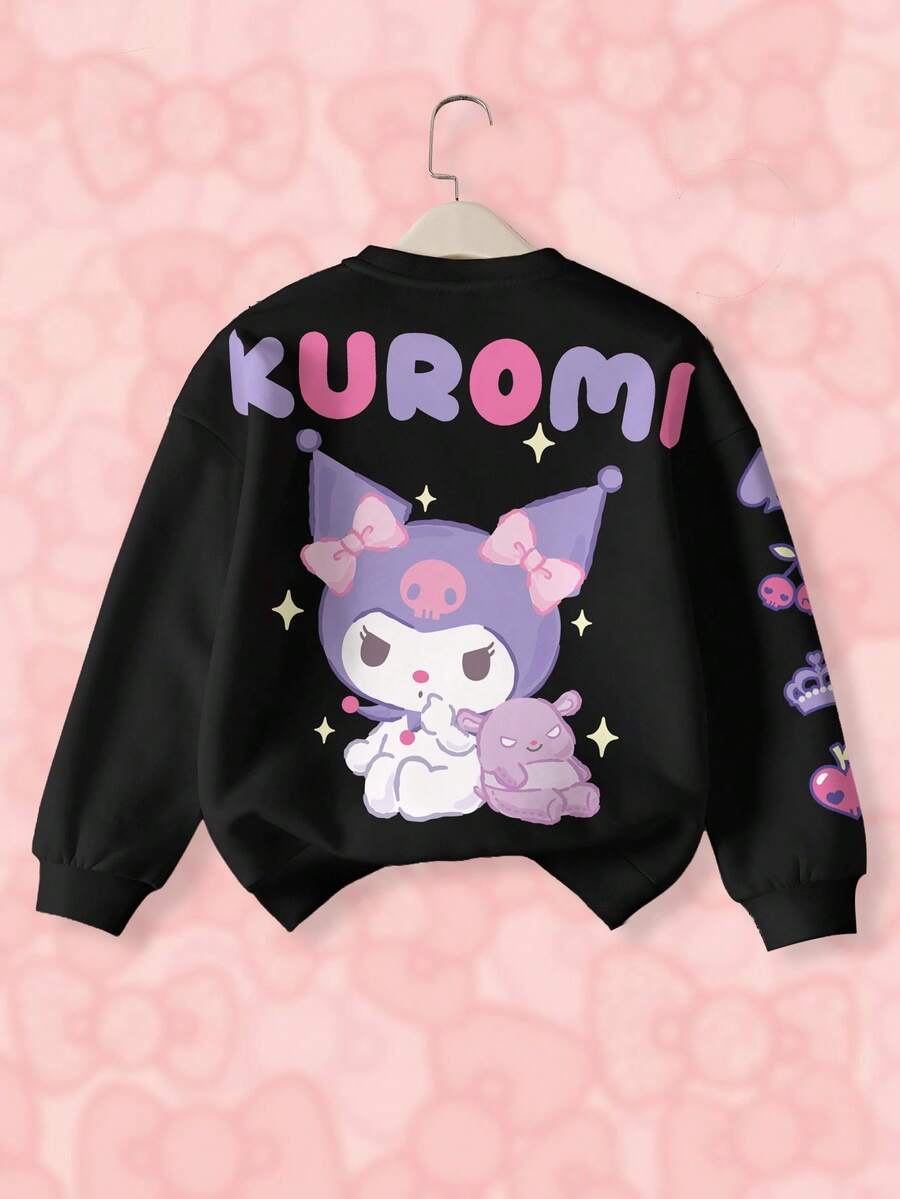 HELLO KITTY AND FRIENDS | SHEIN 青少年女孩字母和卡通图案圆领长袖套头衫 - 白色 - 查看 1