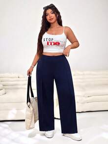 SHEIN EZwear Casual Versatile Navy Blue Plus Size Pants - Navy Blue - View 7
