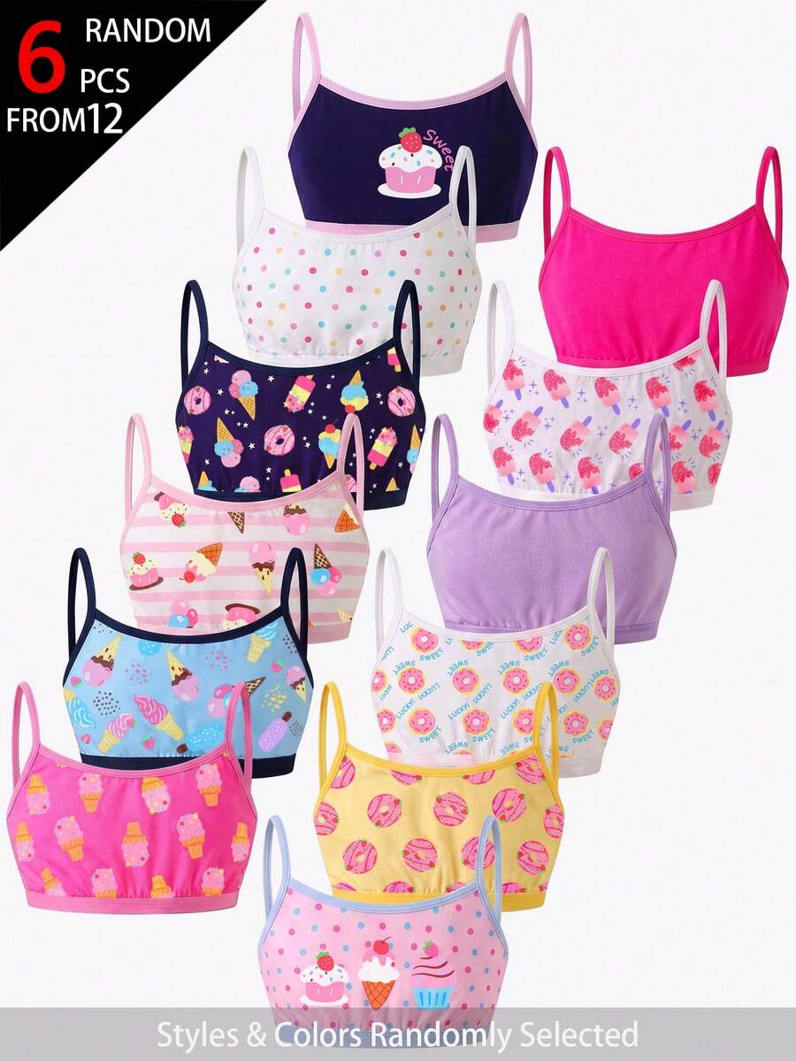 SHEIN Genkimix Kids 6件隨機混款可愛甜點、甜甜圈、女孩、冰淇淋、蛋糕印花舒適細肩帶背心上衣 - 彩色 - 查看 1