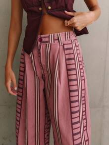 Nöista Balloon-Leg Denim Pants In Dusty Pink With Burgundy Stripes And High Waist. Fashionable Design For Casual Styling, Streetwear And Fall - Pink - View 2