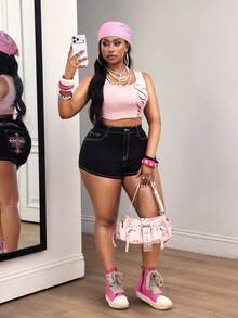 SHEIN Unity Cowgirl Plus Size Women's Black Elastic Embroidered Fitted Sexy Denim Shorts - Black - View 3