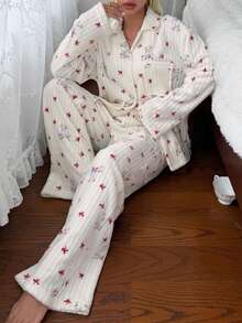 DAZY Winter Cute Bow & Bear Pattern All-Over Print Plush Women's Pajama Set Fall - Blue - View 14