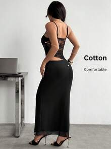 SHEIN PETITE 女款對比蕾絲腰部鏤空時尚性感細肩帶洋裝 - 黑色 - 查看 2