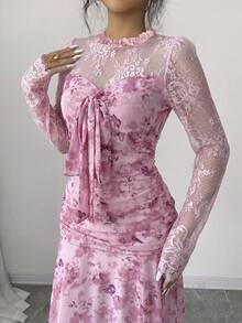 Modelyn French Design Lace Patchwork Bow Women's Long Dress - Dusty Pink - View 9