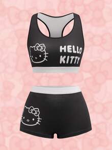 HELLO KITTY AND FRIENDS | SHEIN 女士舒适可爱猫咪印花无钢圈文胸和内裤套装 - 黑色 - 查看 1