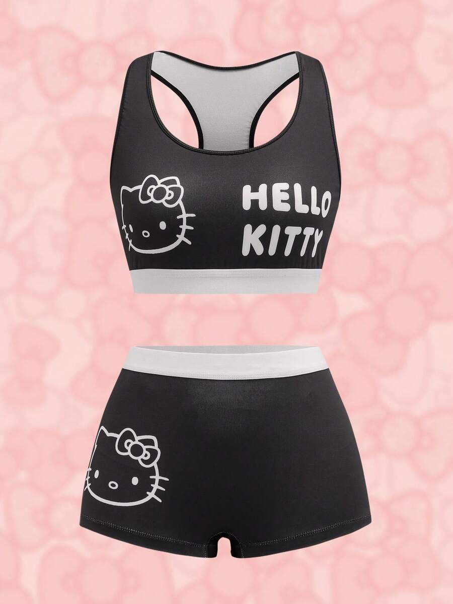 HELLO KITTY AND FRIENDS | SHEIN 女士舒适可爱猫咪印花无钢圈文胸和内裤套装 - 黑色 - 查看 1