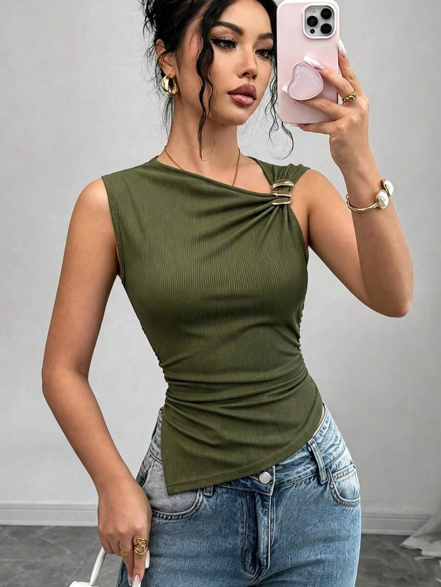 SHEIN Raffinéa Casual Sexy Elegant Fashion Metal Decor Waist Ruched Slim Fit Commuter Tank Top Date Night Out Club Brunch Olive Green Summer - Army Green - View 1