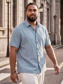 COMVAIL Plus Size Woven Casual Short Sleeve Shirt, Vacation, Father's Day Gifts - Baby Blue - View 4