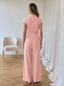 SHEIN LUNE 休閒女款 Polo 領短袖上衣與長褲 2 件套裝 - 粉色 - 查看 2
