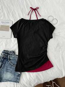 Attitoon Women's Casual Retro Colorblock 2 In 1 Spider Graphic V-Neck Halter Tie Short Sleeve T-Shirt, Suitable For Summer - Black - View 2