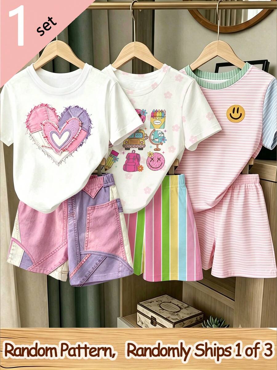 (Patrón Aleatorio, 1 Set Aleatorio) Camiseta Corta Básica & Shorts para Niñas Jóvenes con Patrón de Rayas, Cara de Dibujos Animados, Parches de Corazón y Lazo en Púrpura & Rosa Fresco - Multicolor - Ver 1