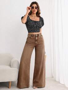 SHEIN PETITE Women's Casual Washed Loose Wide Leg Jeans - Coffee Brown - View 5
