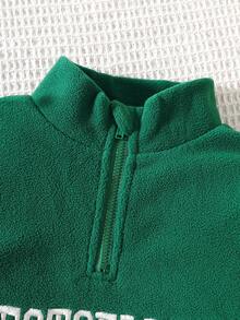 SHEIN 2件組男孩春秋深綠色休閒運動風字母刺繡半拉鍊立領上衣與收口長褲套裝，寬鬆舒適版型，適合日常外出、學校活動、戶外玩耍、家庭聚會、拍照拍攝 - 綠色 - 查看 7