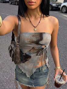 SHEIN ICON Strapless Asymmetrical Printed Summer Vacation Y2K Summer Tie-Dye Strapless Top - Multicolor - View 3