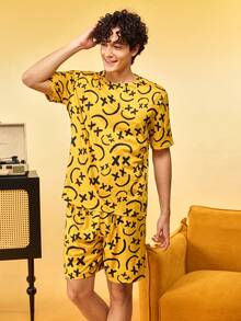 Notgurli Men's Cartoon Print Short Sleeve & Shorts Pajama Set - Multicolor - View 3